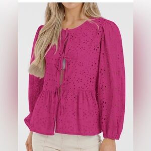 Elegant Magenta Eyelet Blouse. Size Large